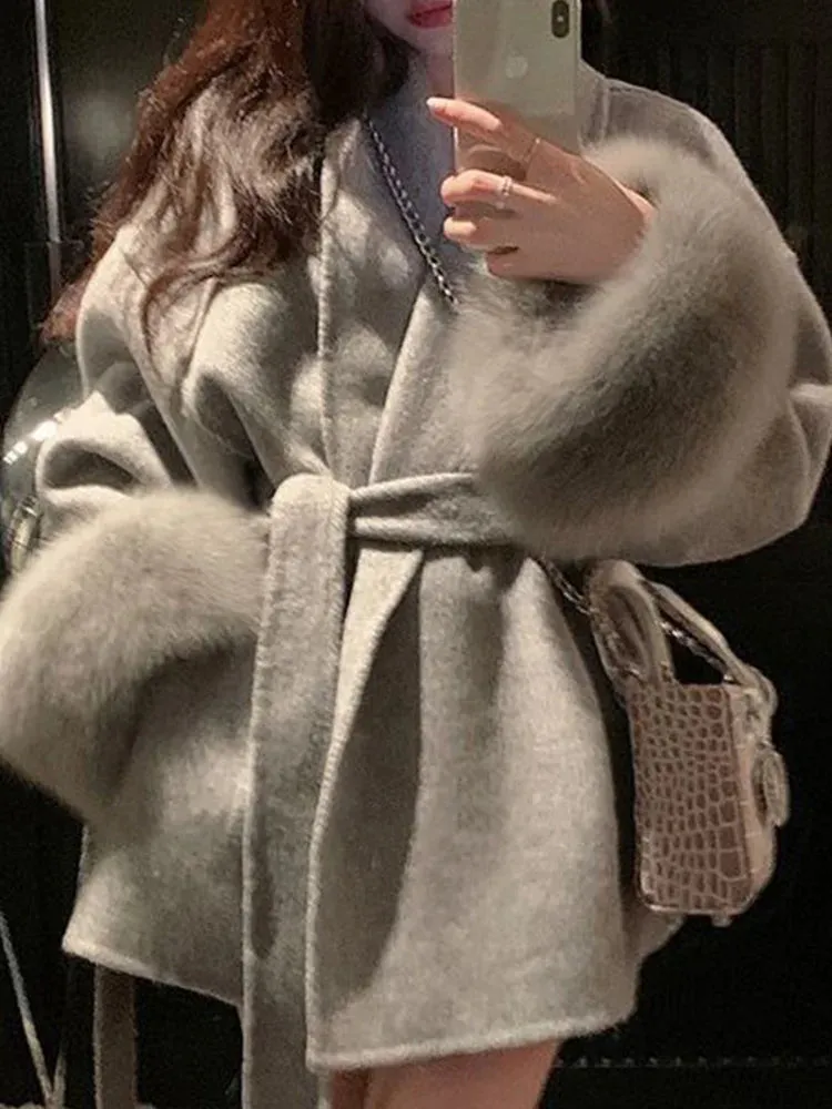 UCXQ Elegant OL Office Lady Overcoats Fur Patchwork Long Sleeve Woolen Coat Beautiful Women's Clothing Jacket Autumn 2024 Spring
