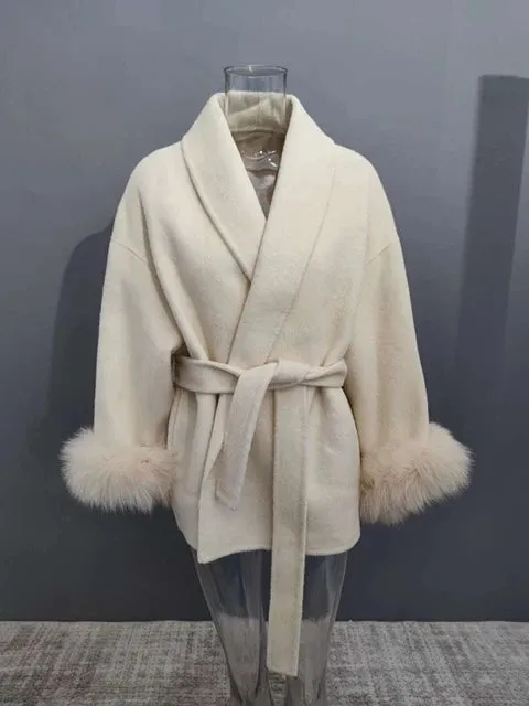 UCXQ Elegant OL Office Lady Overcoats Fur Patchwork Long Sleeve Woolen Coat Beautiful Women's Clothing Jacket Autumn 2024 Spring