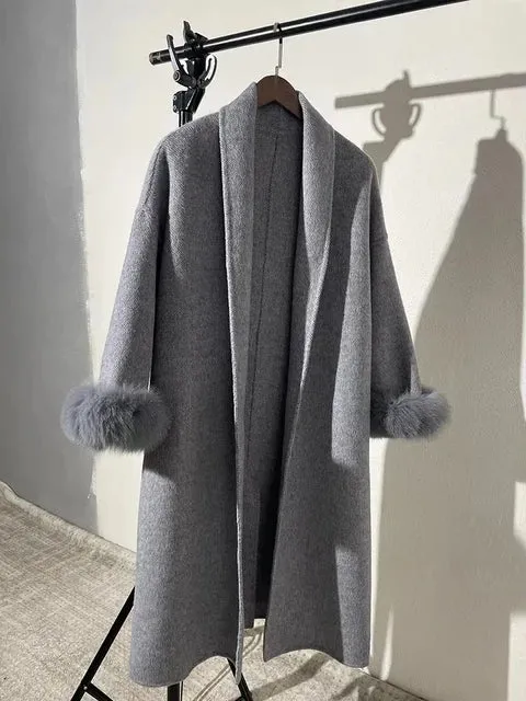 UCXQ Elegant OL Office Lady Overcoats Fur Patchwork Long Sleeve Woolen Coat Beautiful Women's Clothing Jacket Autumn 2024 Spring