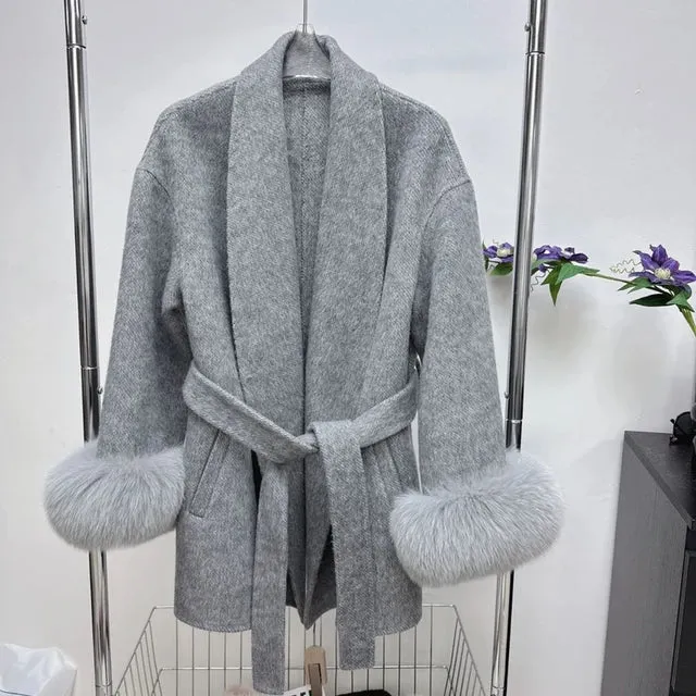 UCXQ Elegant OL Office Lady Overcoats Fur Patchwork Long Sleeve Woolen Coat Beautiful Women's Clothing Jacket Autumn 2024 Spring