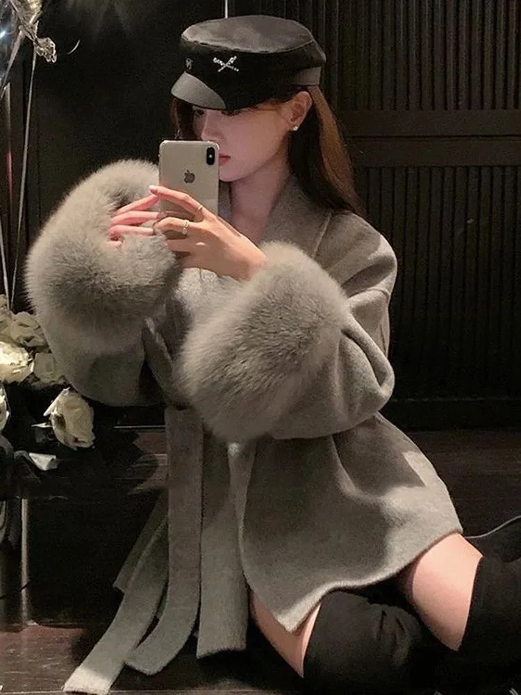UCXQ Elegant OL Office Lady Overcoats Fur Patchwork Long Sleeve Woolen Coat Beautiful Women's Clothing Jacket Autumn 2024 Spring