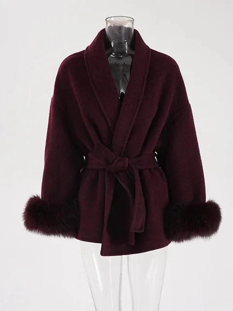 UCXQ Elegant OL Office Lady Overcoats Fur Patchwork Long Sleeve Woolen Coat Beautiful Women's Clothing Jacket Autumn 2024 Spring