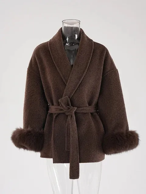 UCXQ Elegant OL Office Lady Overcoats Fur Patchwork Long Sleeve Woolen Coat Beautiful Women's Clothing Jacket Autumn 2024 Spring