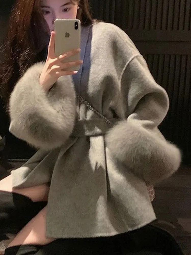UCXQ Elegant OL Office Lady Overcoats Fur Patchwork Long Sleeve Woolen Coat Beautiful Women's Clothing Jacket Autumn 2024 Spring