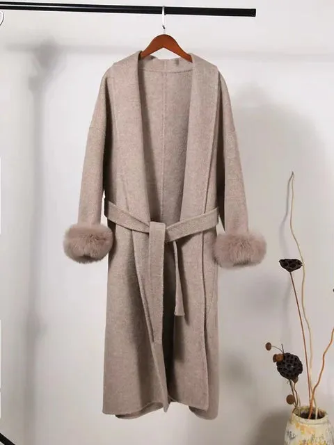 UCXQ Elegant OL Office Lady Overcoats Fur Patchwork Long Sleeve Woolen Coat Beautiful Women's Clothing Jacket Autumn 2024 Spring