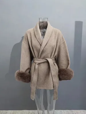 UCXQ Elegant OL Office Lady Overcoats Fur Patchwork Long Sleeve Woolen Coat Beautiful Women's Clothing Jacket Autumn 2024 Spring