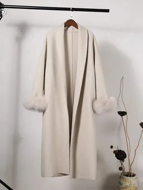 UCXQ Elegant OL Office Lady Overcoats Fur Patchwork Long Sleeve Woolen Coat Beautiful Women's Clothing Jacket Autumn 2024 Spring
