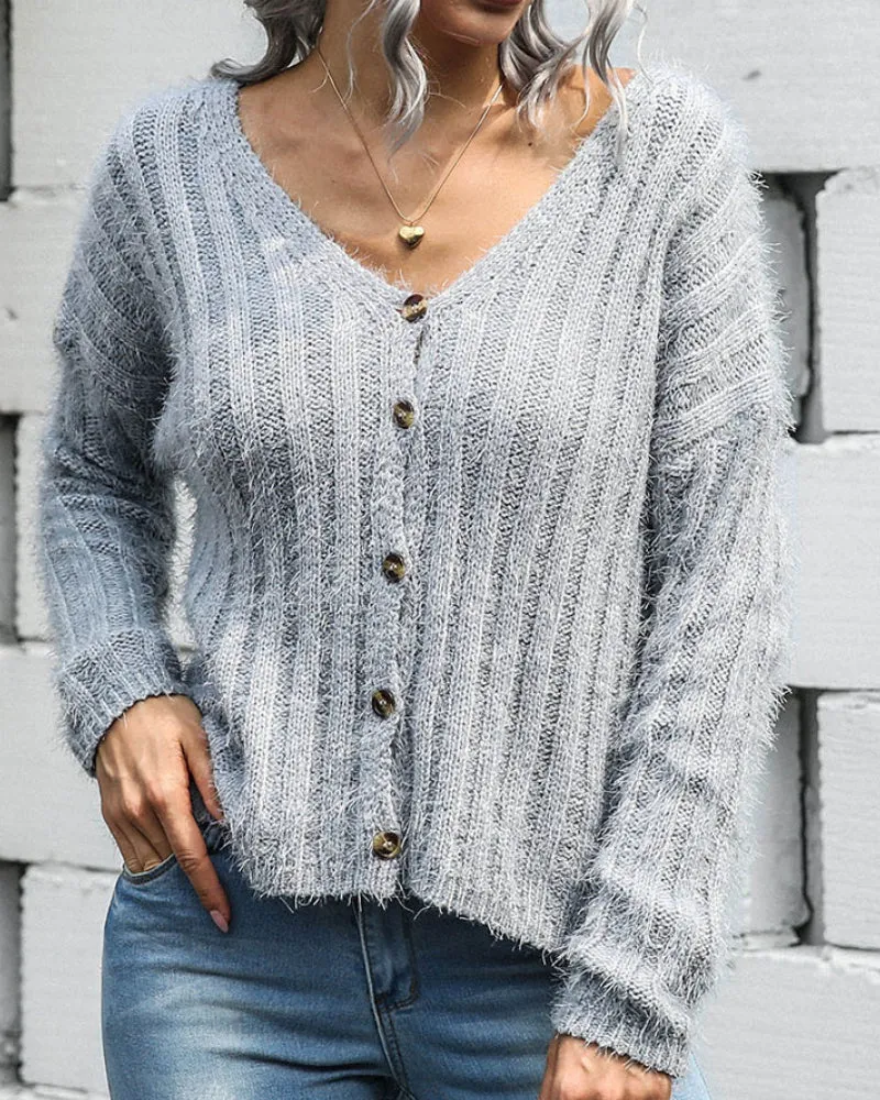 V-neck Single-breasted Knit Sweaters Cardigans