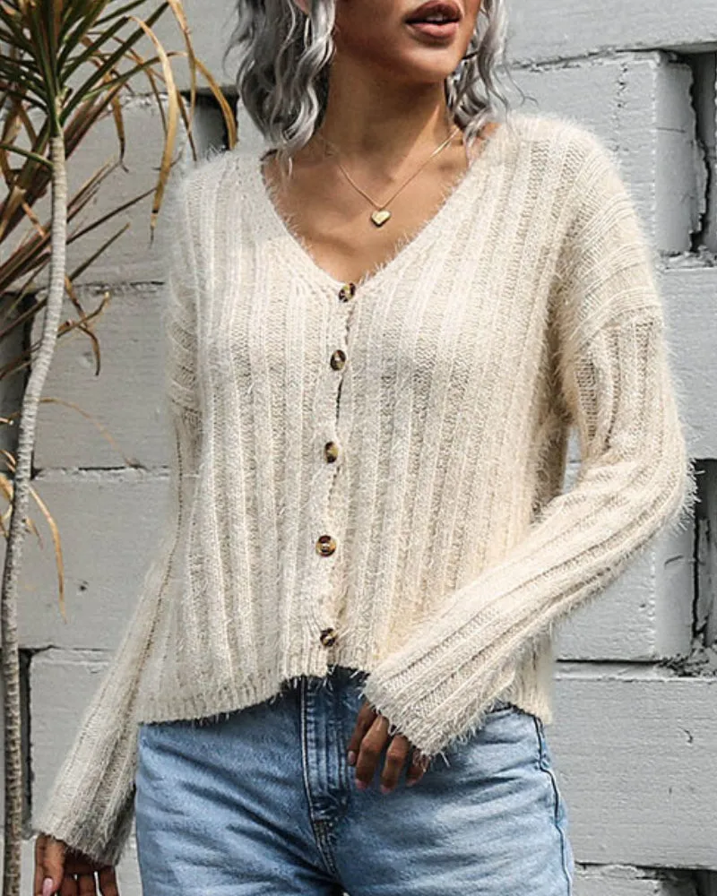 V-neck Single-breasted Knit Sweaters Cardigans