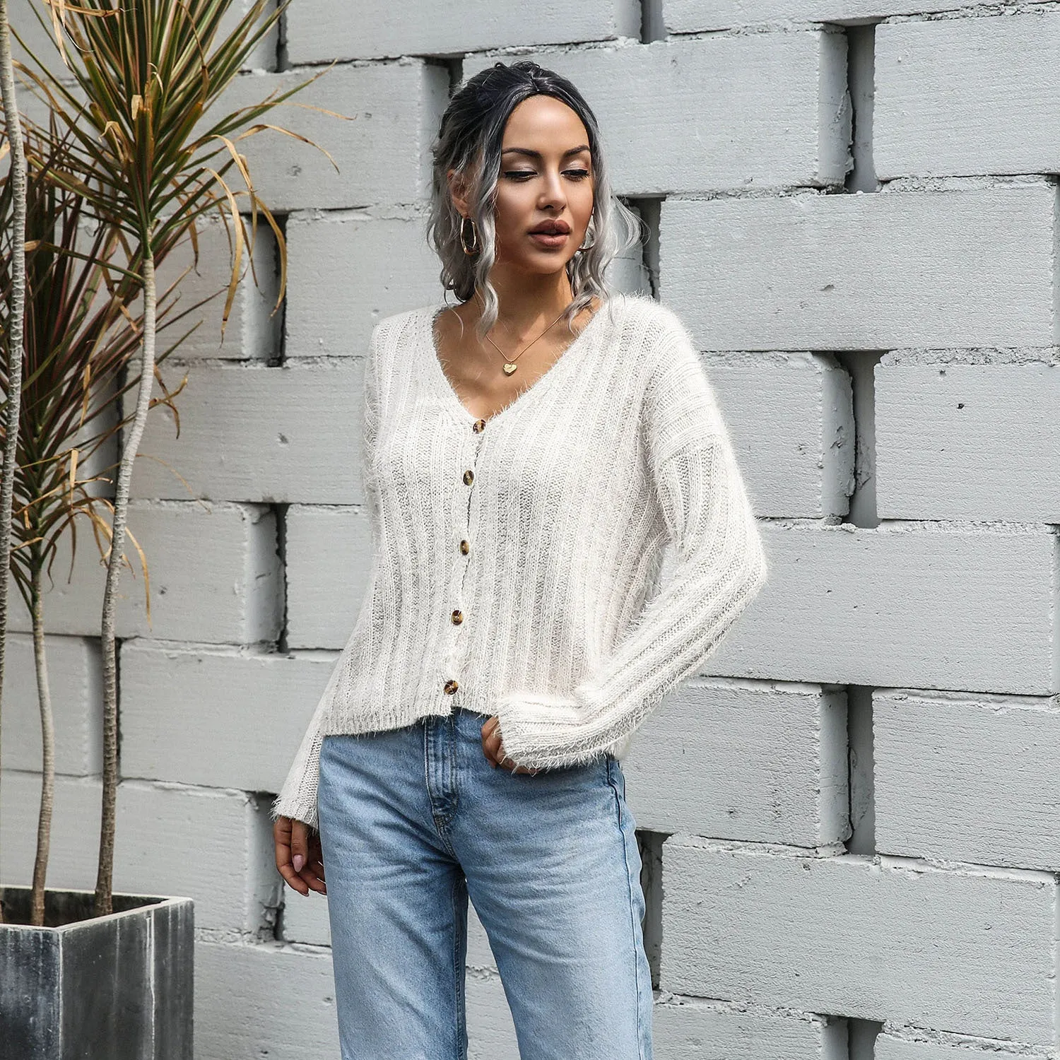 V-neck Single-breasted Knit Sweaters Cardigans