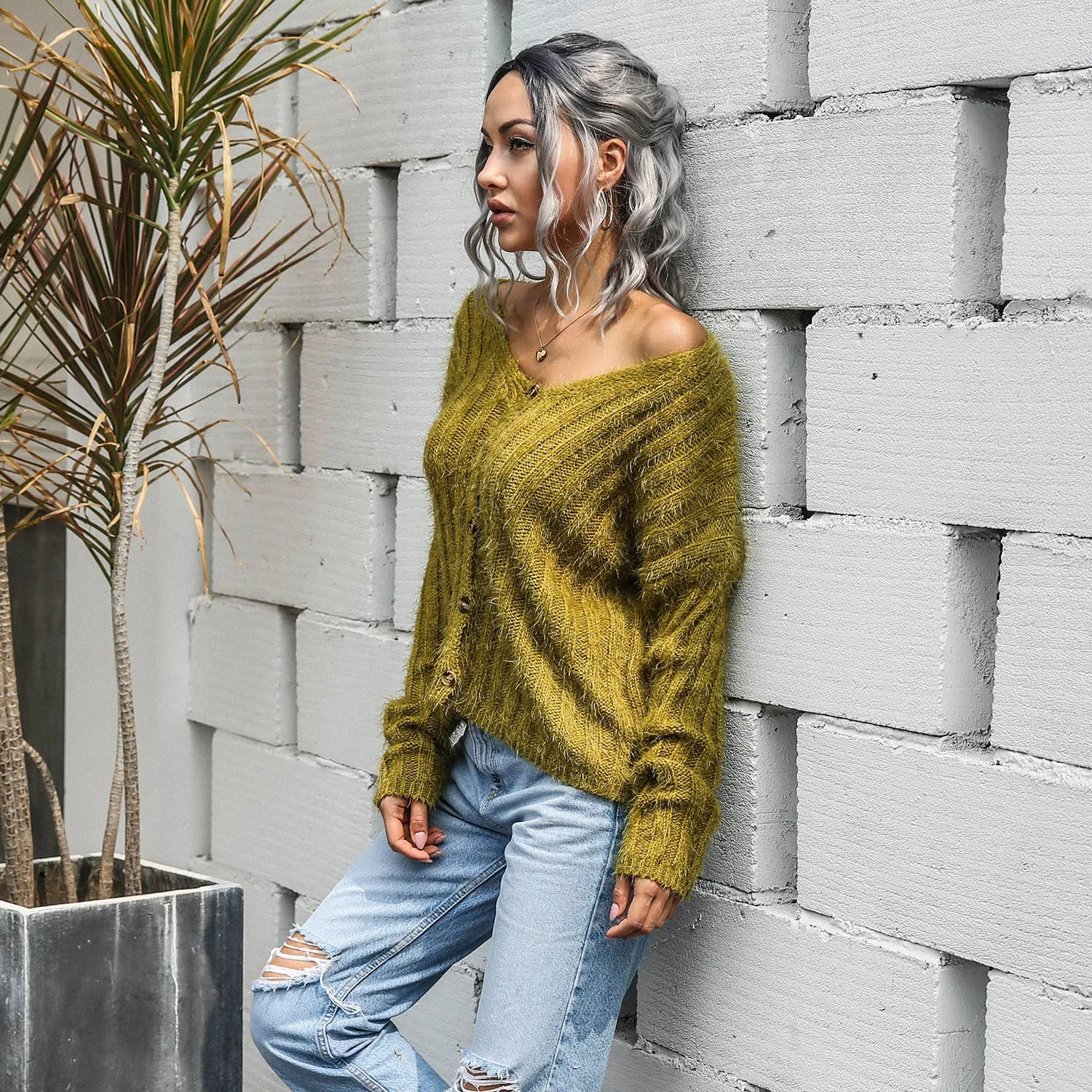 V-neck Single-breasted Knit Sweaters Cardigans