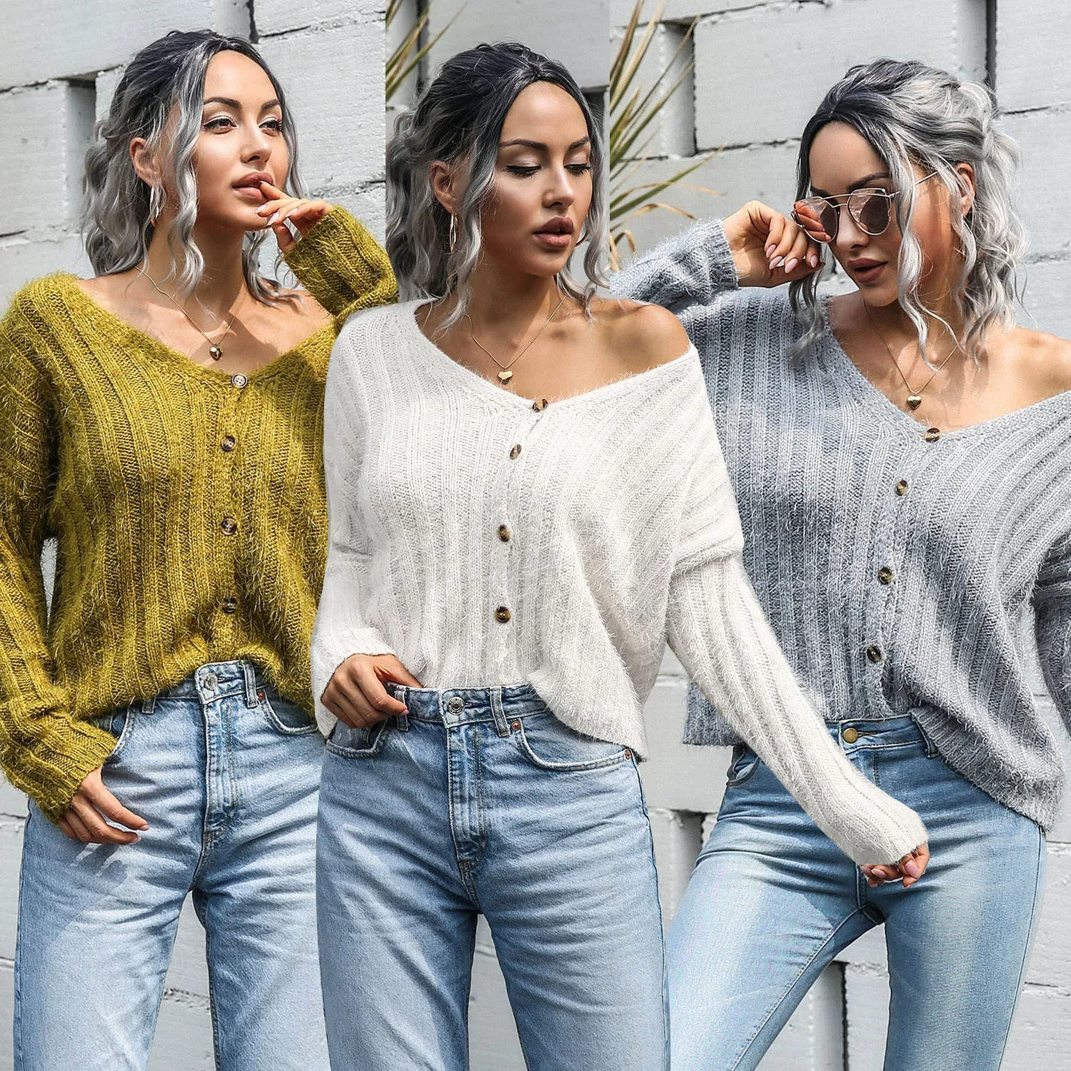 V-neck Single-breasted Knit Sweaters Cardigans