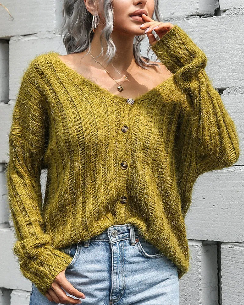 V-neck Single-breasted Knit Sweaters Cardigans