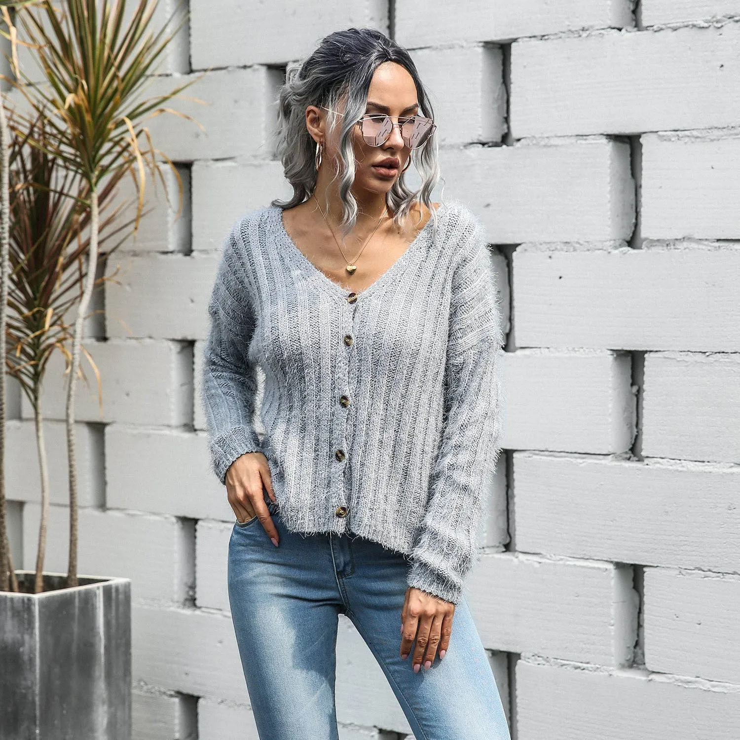 V-neck Single-breasted Knit Sweaters Cardigans