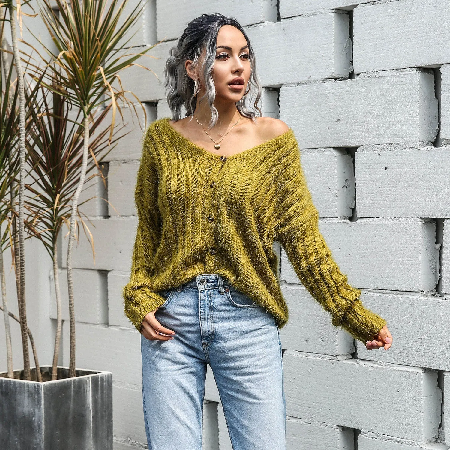 V-neck Single-breasted Knit Sweaters Cardigans
