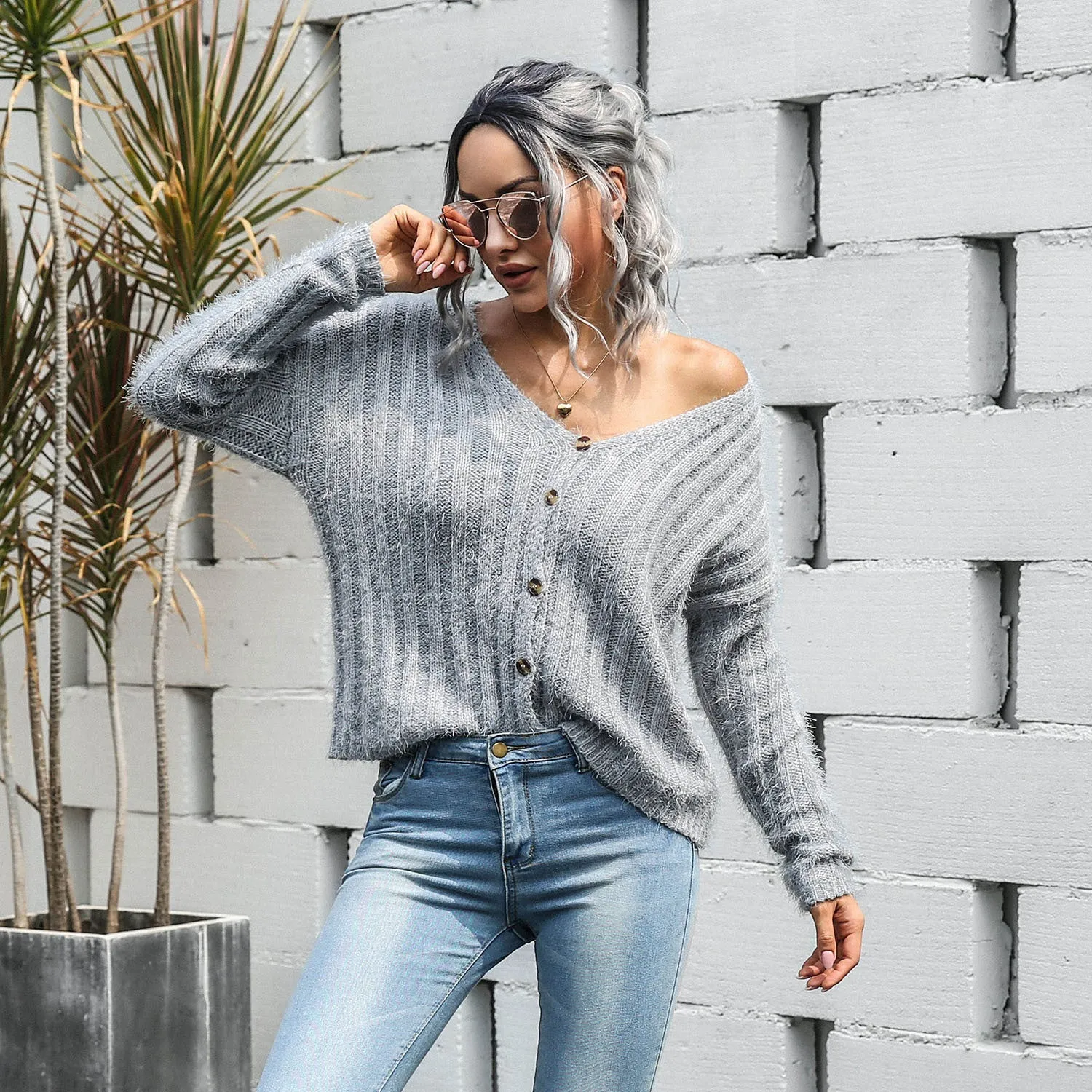 V-neck Single-breasted Knit Sweaters Cardigans