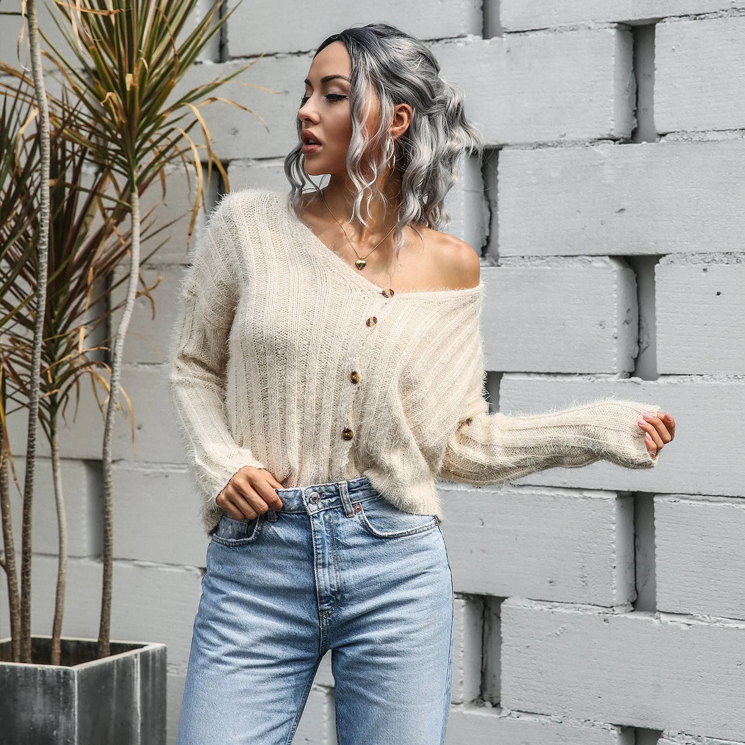 V-neck Single-breasted Knit Sweaters Cardigans