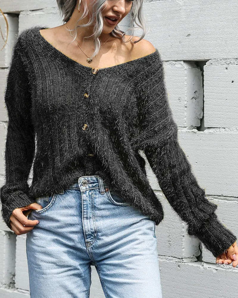 V-neck Single-breasted Knit Sweaters Cardigans