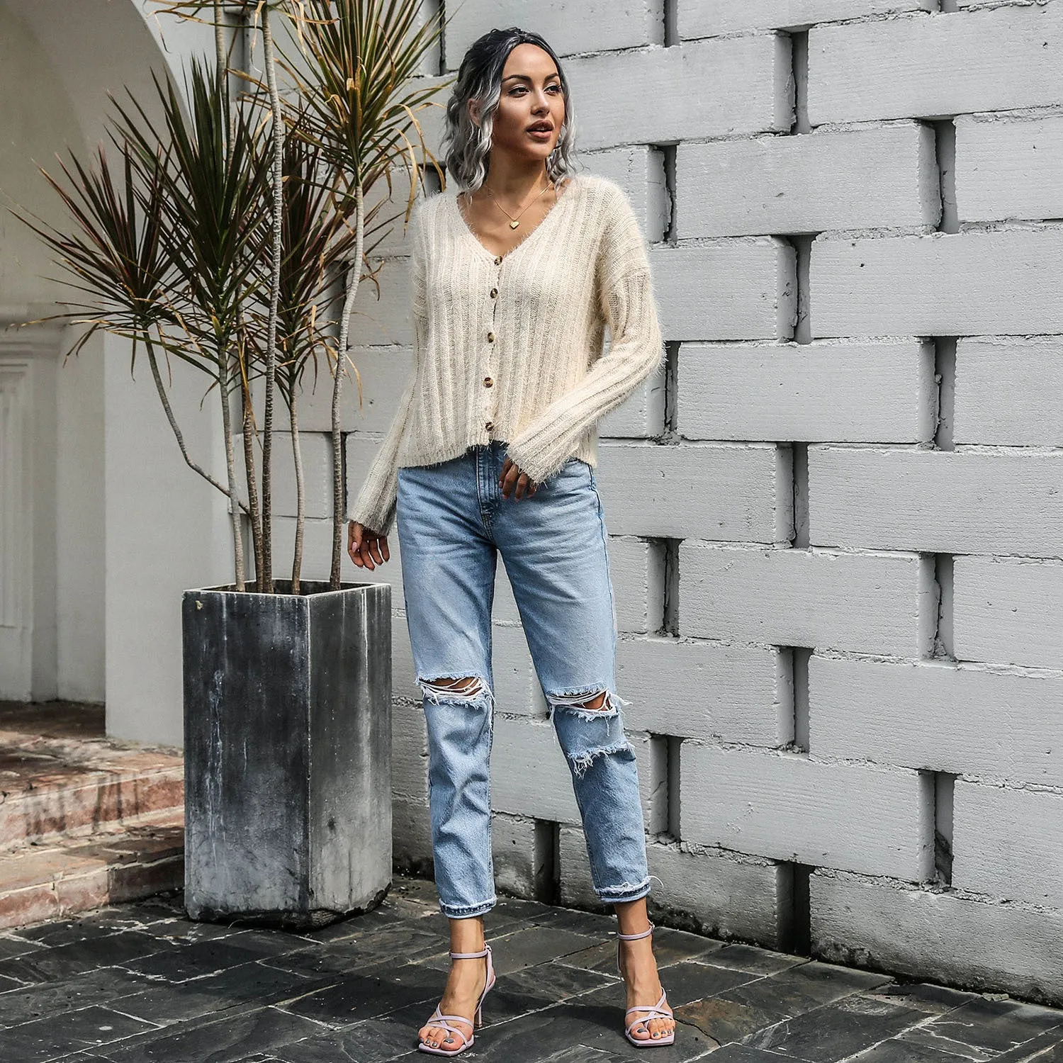 V-neck Single-breasted Knit Sweaters Cardigans
