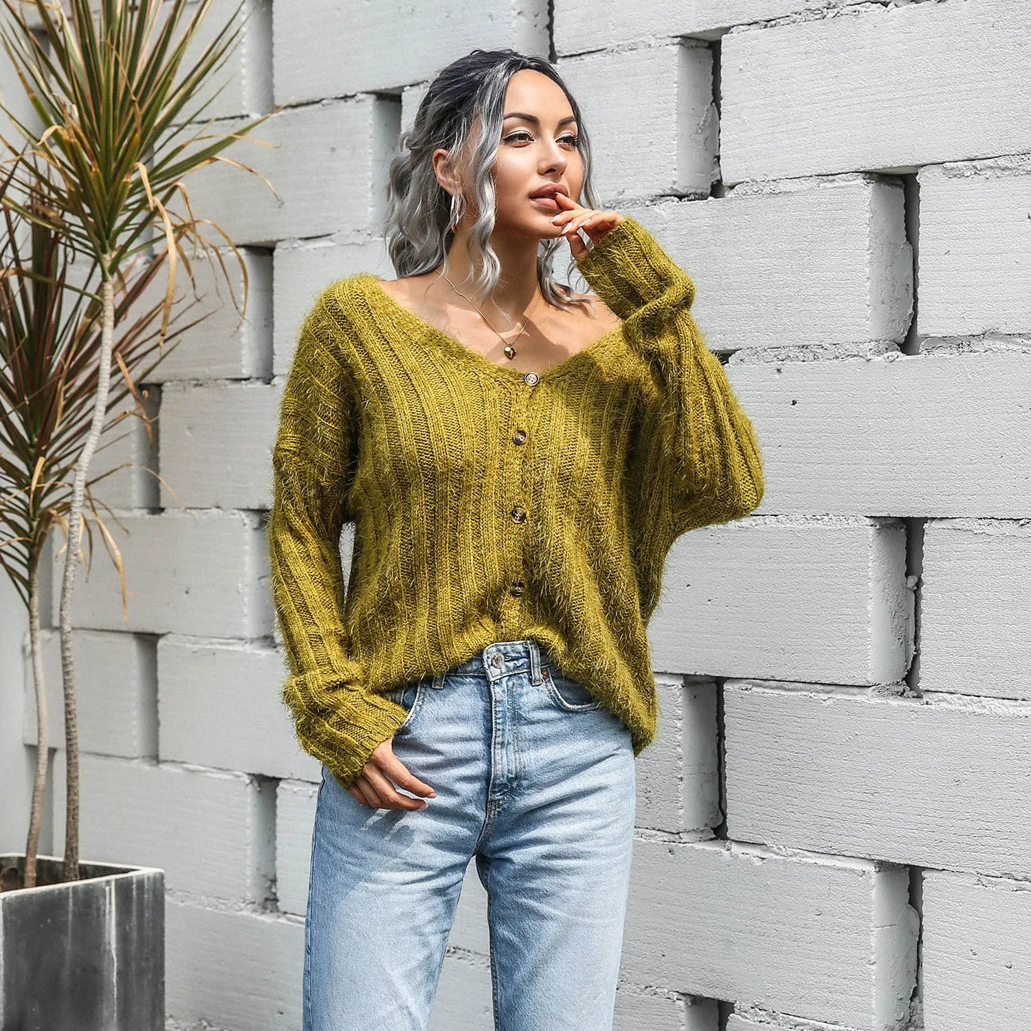 V-neck Single-breasted Knit Sweaters Cardigans