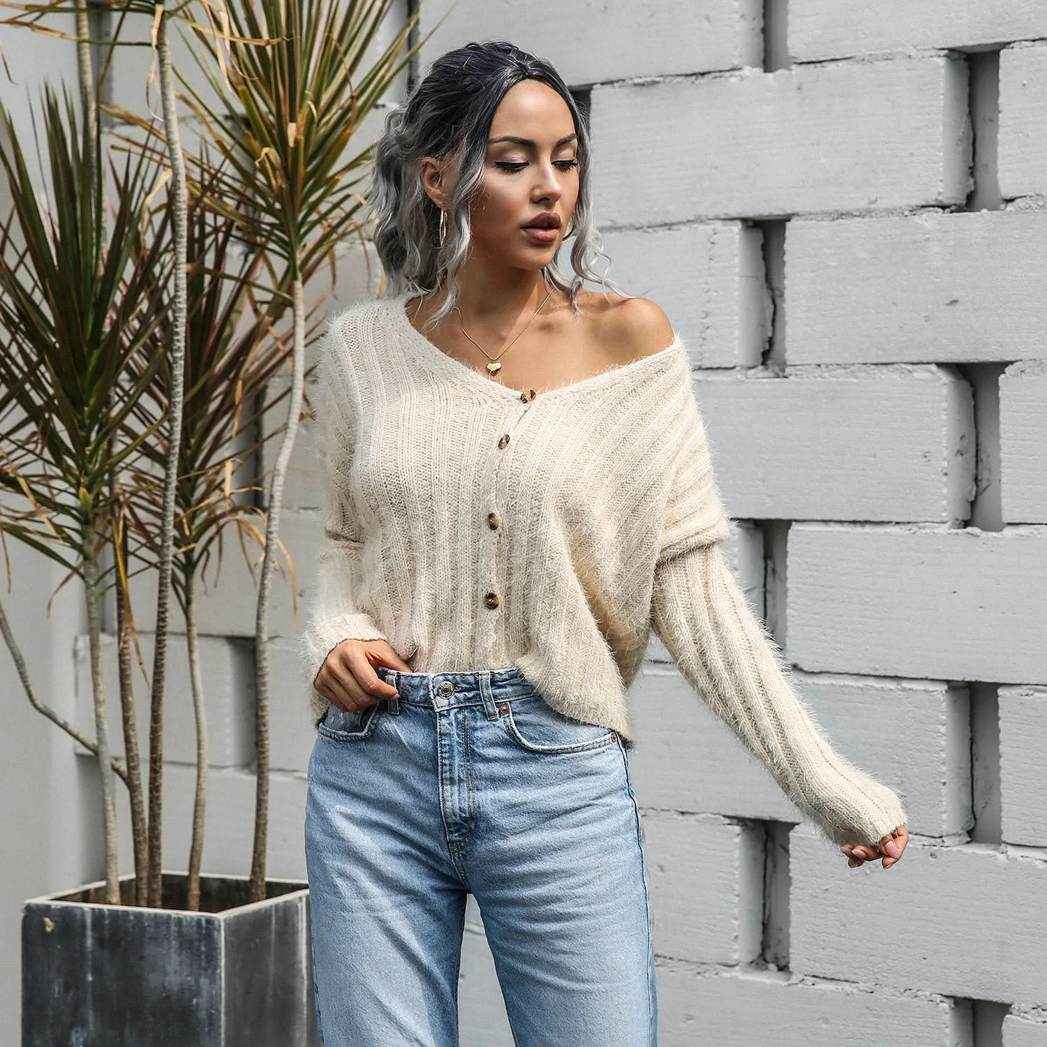 V-neck Single-breasted Knit Sweaters Cardigans