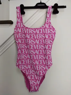 Versace Pink/White Print Logo One-Piece Swimsuit