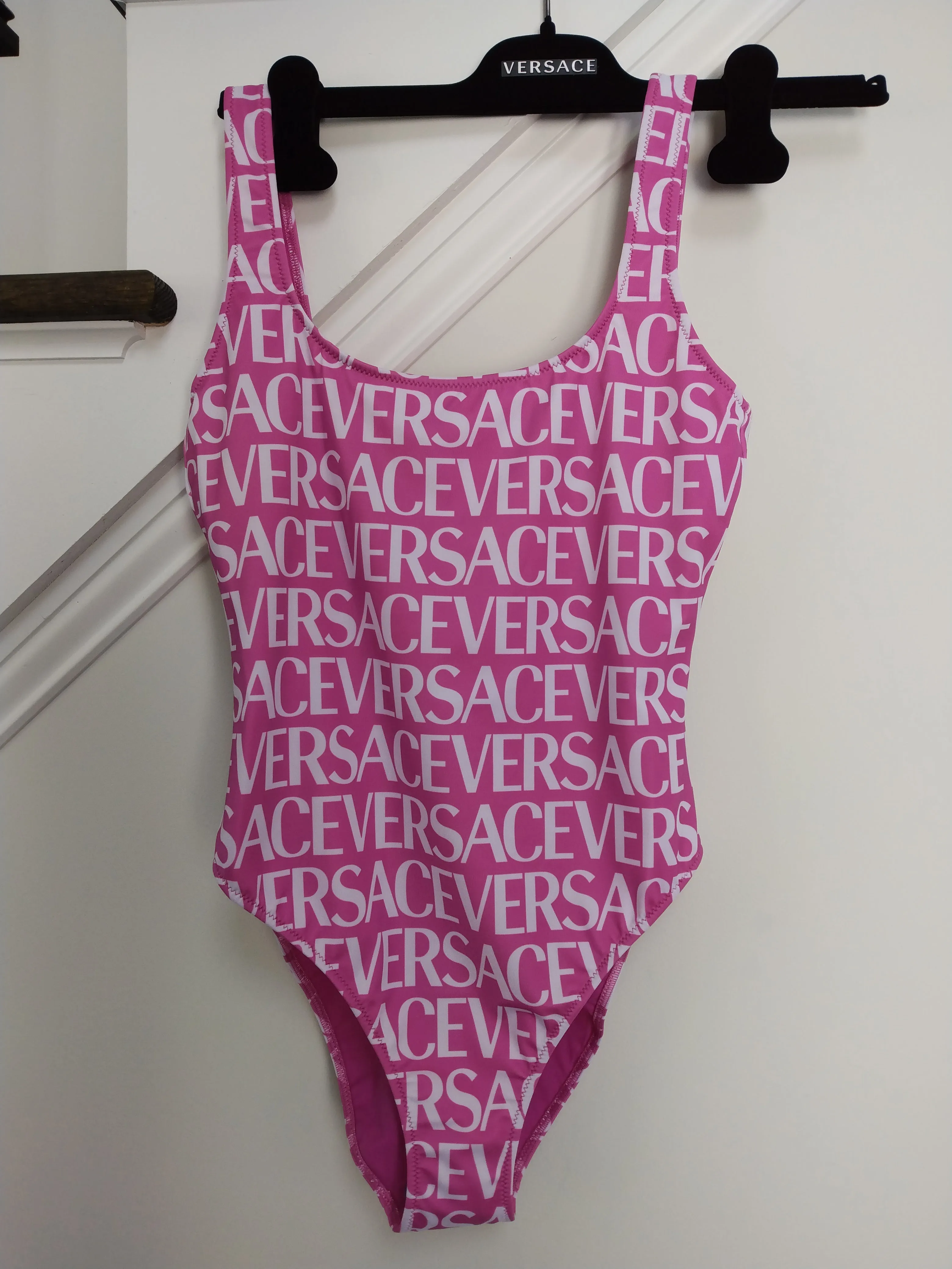 Versace Pink/White Print Logo One-Piece Swimsuit
