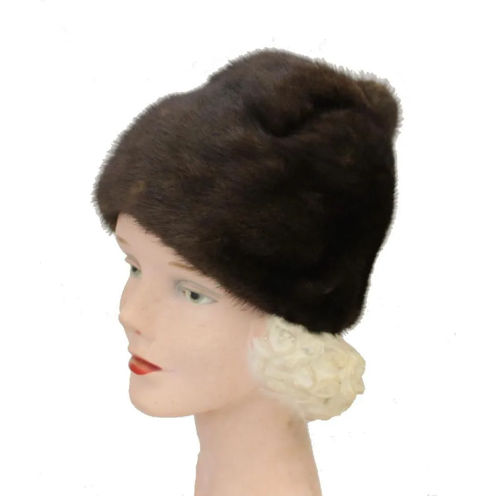 Vintage Mink Fur Hat Dark Brown Amrose New York 21 3/4" Cool Shape Near Mint 1960s