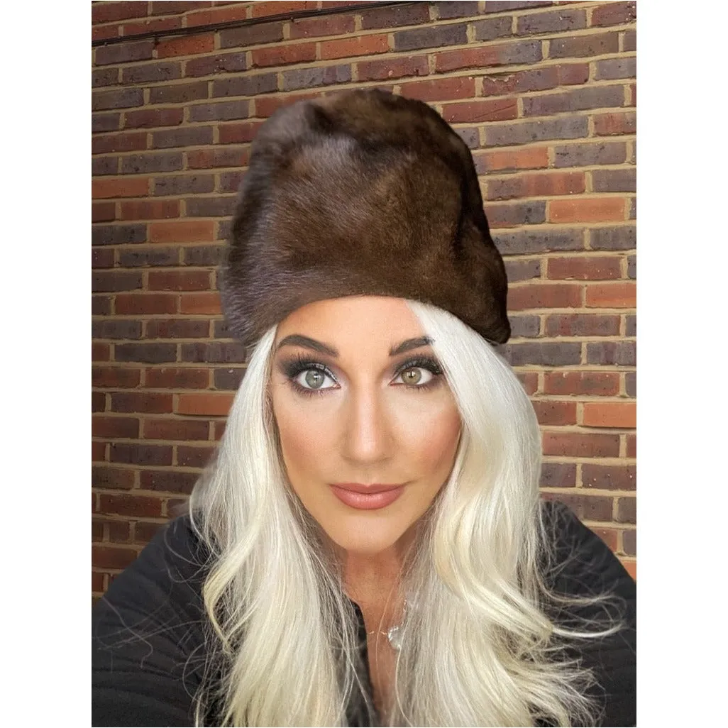 Vintage Mink Fur Hat Dark Brown Amrose New York 21 3/4" Cool Shape Near Mint 1960s