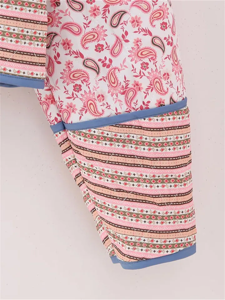 Vintage Pink Paisley Print Cardigan Padded Coat for Lady