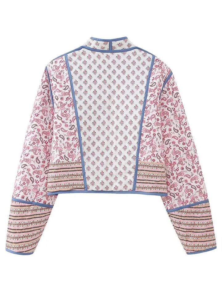 Vintage Pink Paisley Print Cardigan Padded Coat for Lady