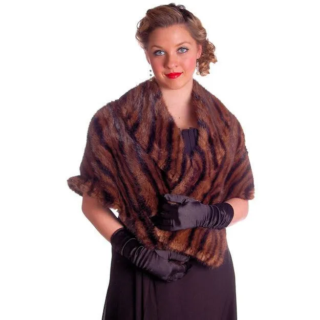 Vintage Stole Kolinsky Mink Fur Gorgeous Bamboo Print Turquoise Lining 1940s