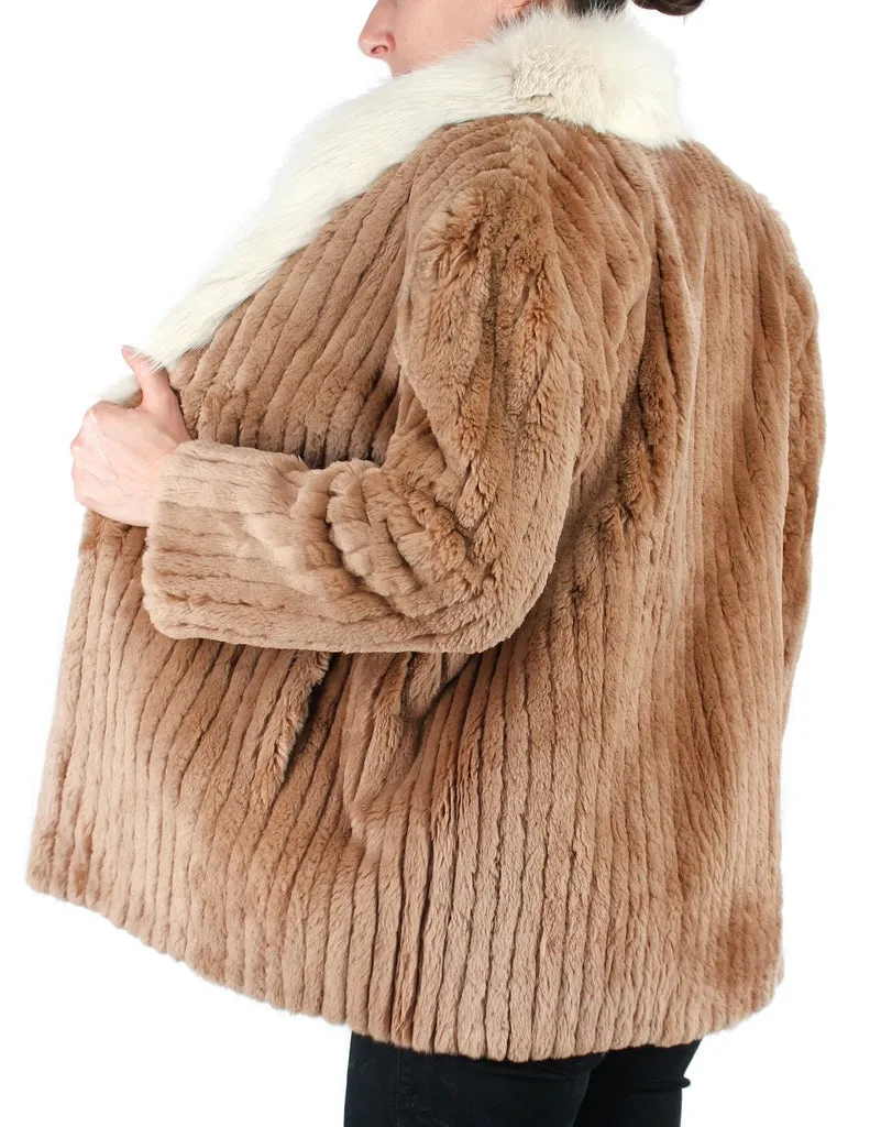 Vintage Tan Sheared Beaver Fur Jacket w/ Fox Fur Collar & Corduroy Cut -S / Petite
