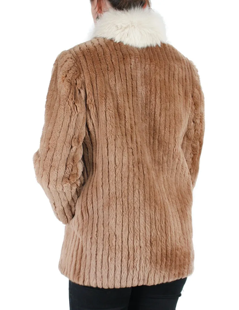Vintage Tan Sheared Beaver Fur Jacket w/ Fox Fur Collar & Corduroy Cut -S / Petite
