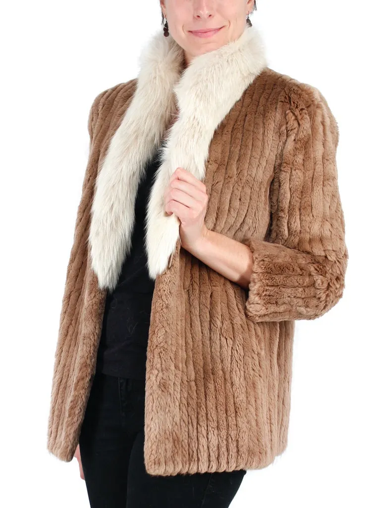 Vintage Tan Sheared Beaver Fur Jacket w/ Fox Fur Collar & Corduroy Cut -S / Petite