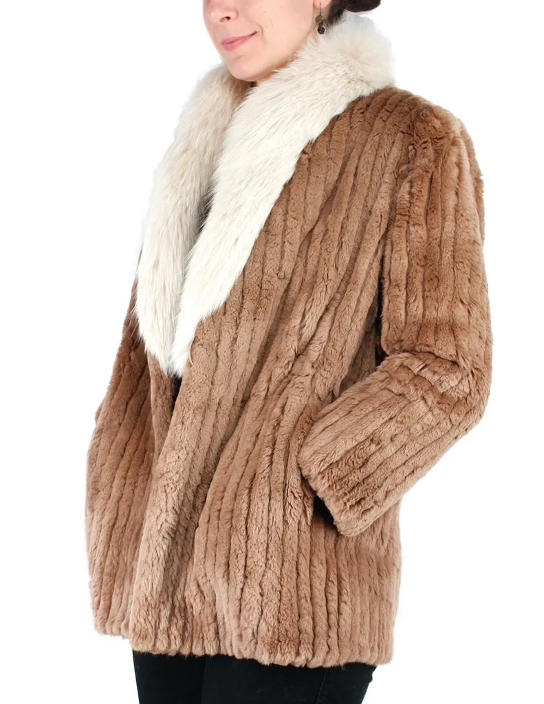Vintage Tan Sheared Beaver Fur Jacket w/ Fox Fur Collar & Corduroy Cut -S / Petite