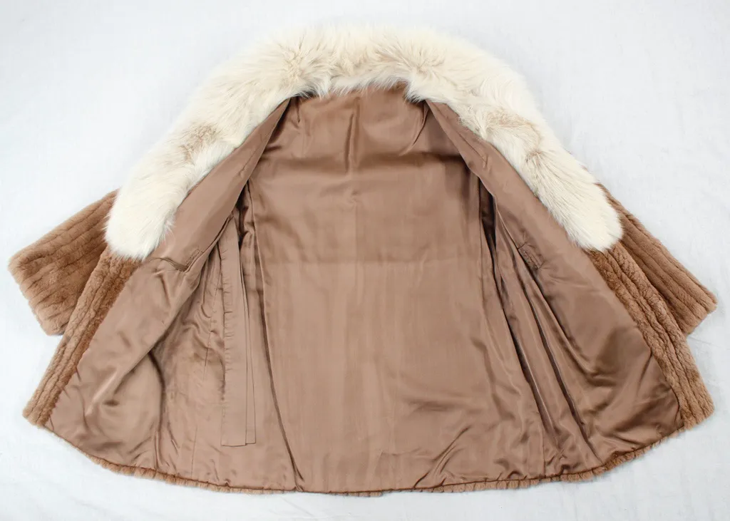 Vintage Tan Sheared Beaver Fur Jacket w/ Fox Fur Collar & Corduroy Cut -S / Petite