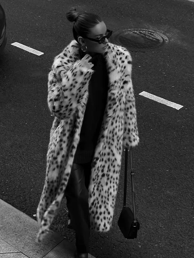 Winter Long Loose Thick Warm Soft Fluffy Leopard Faux Fur Coat Women Long Sleeved Lapel Top Premium Long Coat Festival Overcoats