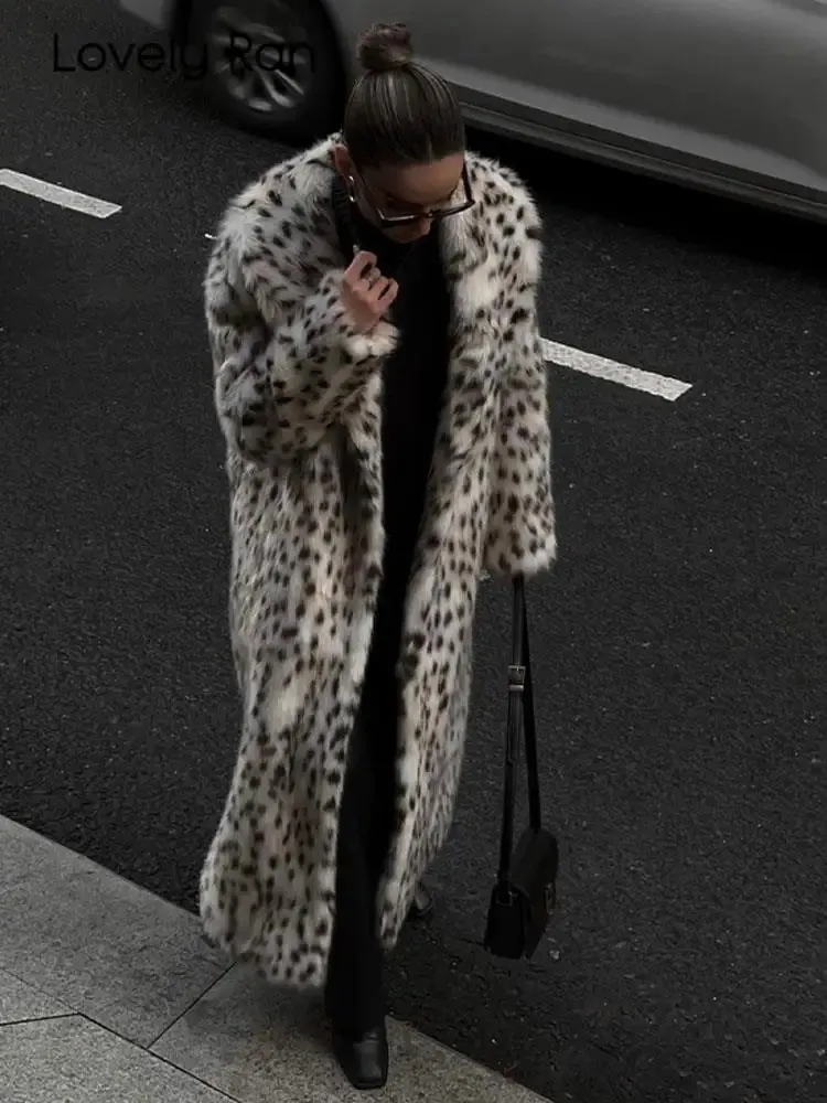 Winter Long Loose Thick Warm Soft Fluffy Leopard Faux Fur Coat Women Long Sleeved Lapel Top Premium Long Coat Festival Overcoats