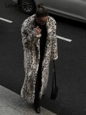 Winter Long Loose Thick Warm Soft Fluffy Leopard Faux Fur Coat Women Long Sleeved Lapel Top Premium Long Coat Festival Overcoats
