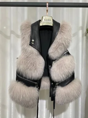 Winter Luxury Women Real Fox Fur Vest Genuine Sheepskin Leather Gilets