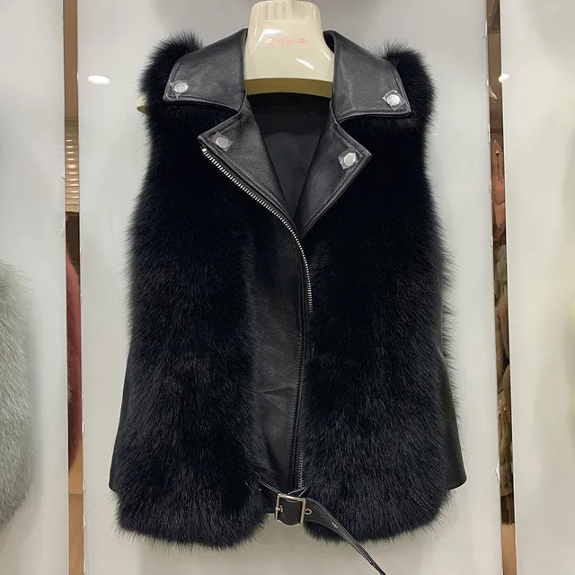 Winter Women Fluffy Fur Gilets Genuine Sheepskin Leather Real Fox Fur Vest