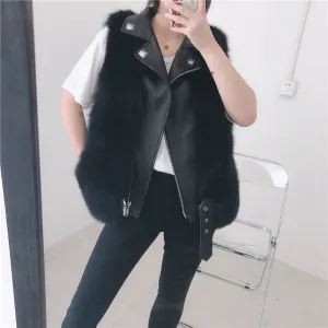 Winter Women Fluffy Fur Gilets Genuine Sheepskin Leather Real Fox Fur Vest