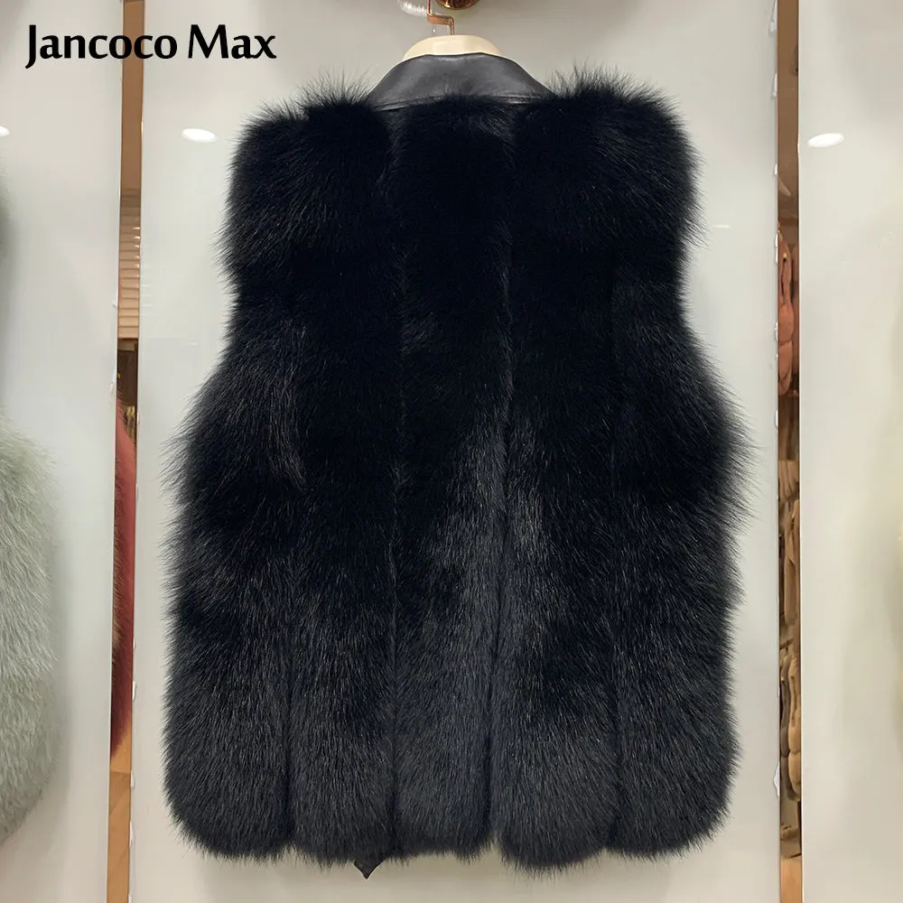 Winter Women Fluffy Fur Gilets Genuine Sheepskin Leather Real Fox Fur Vest