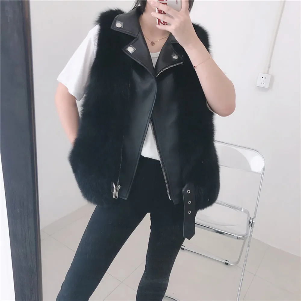 Winter Women Fluffy Fur Gilets Genuine Sheepskin Leather Real Fox Fur Vest