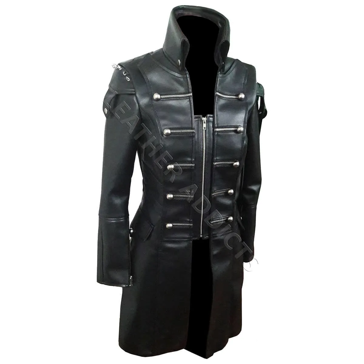 Women Black Cow Leather Goth Matrix Trench Coat Steampunk Coat - T22