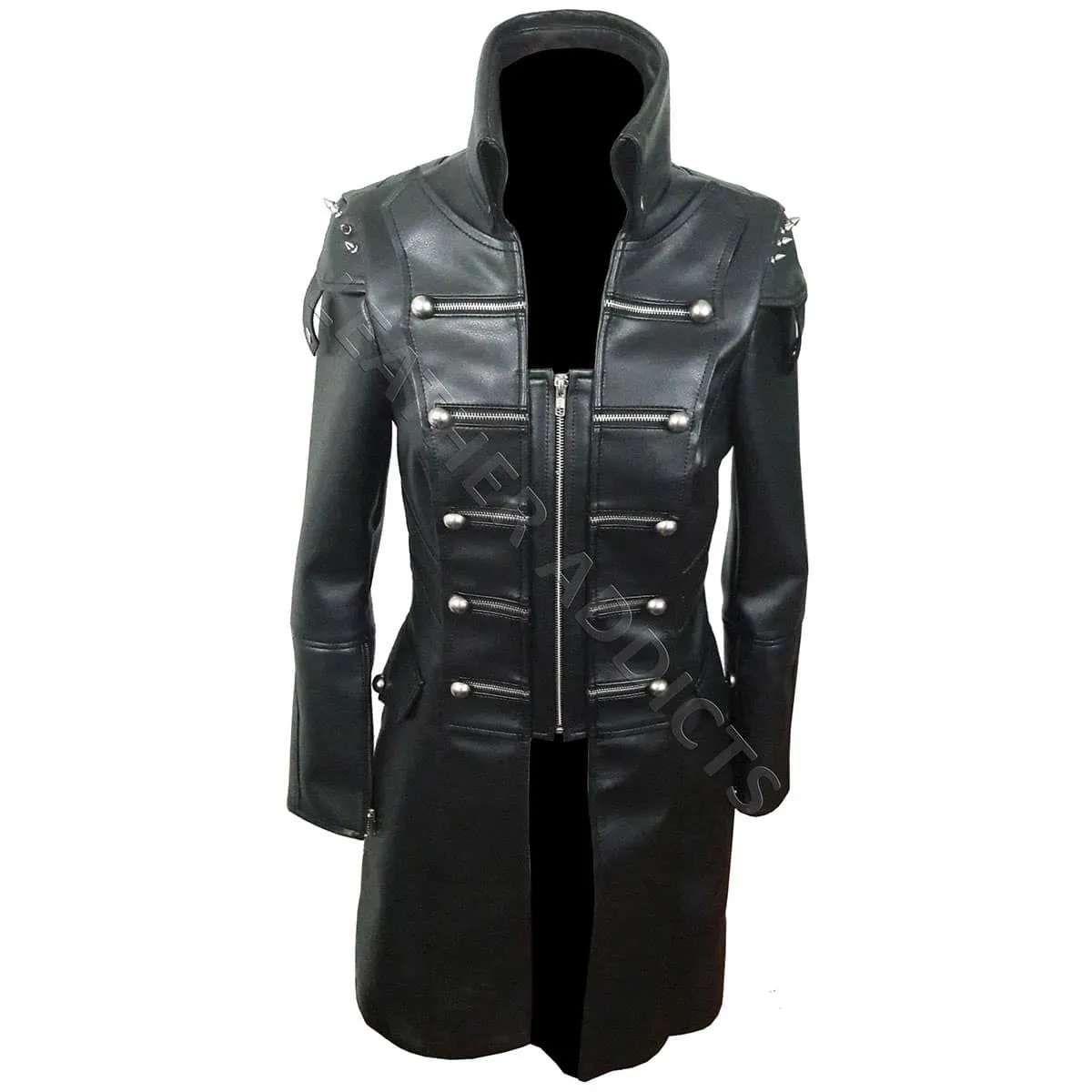Women Black Cow Leather Goth Matrix Trench Coat Steampunk Coat - T22