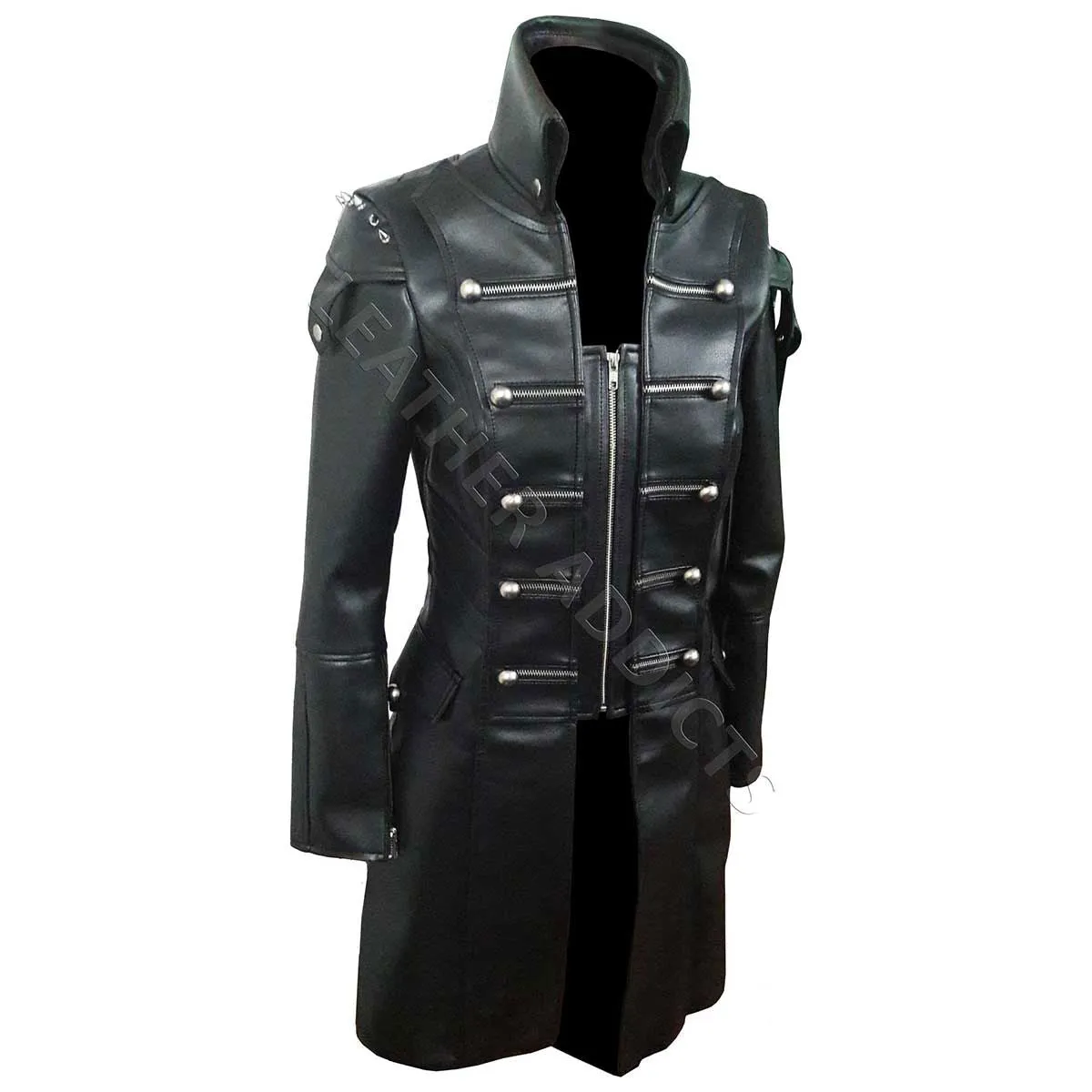 Women Black Cow Leather Goth Matrix Trench Coat Steampunk Coat - T22