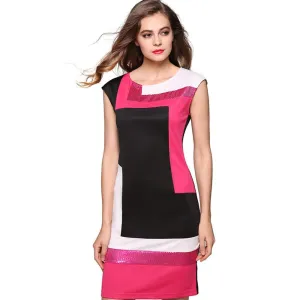 Women Fashion Slim Bodycon Dress Geometrical Patchwork Contrast Color Short Sleeve O-neck Pencil Short Dress S-XXXL