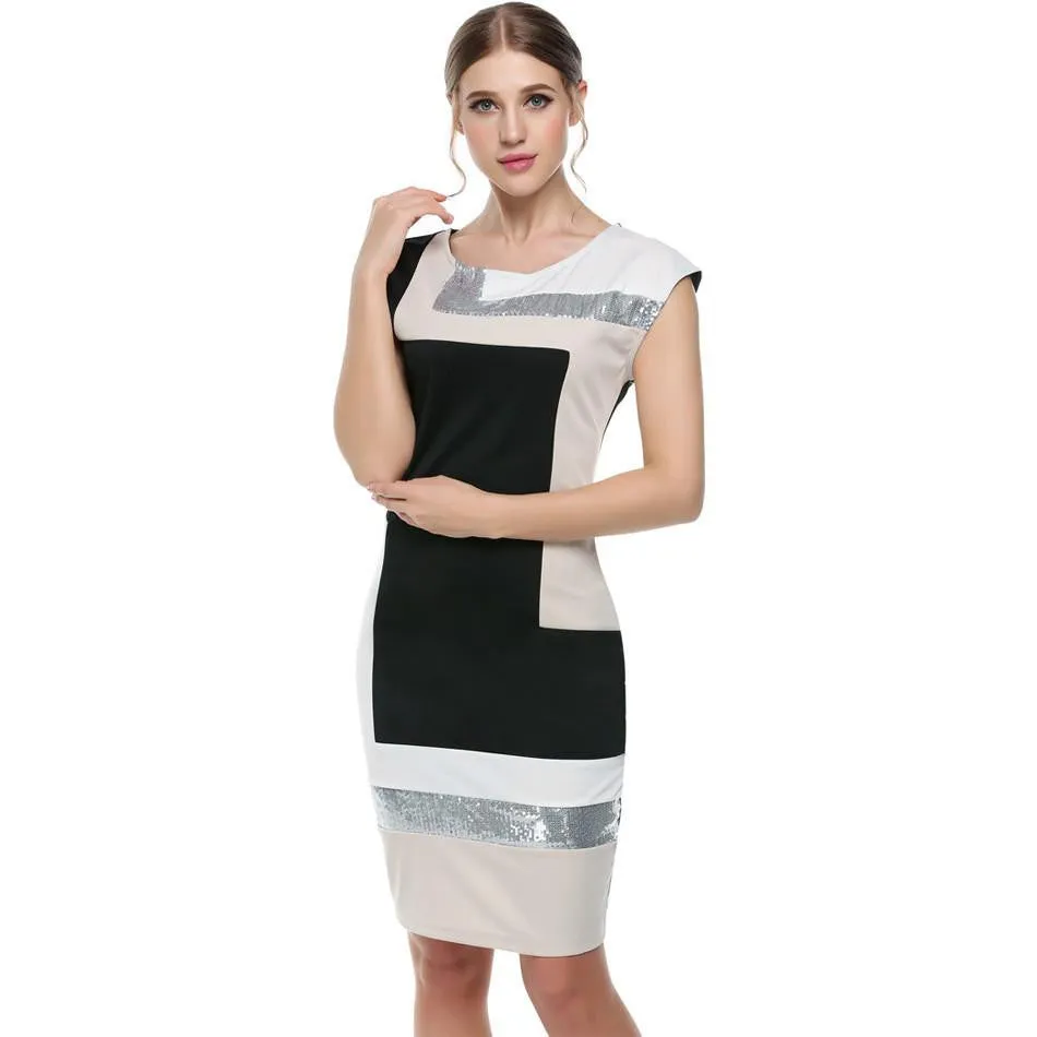 Women Fashion Slim Bodycon Dress Geometrical Patchwork Contrast Color Short Sleeve O-neck Pencil Short Dress S-XXXL
